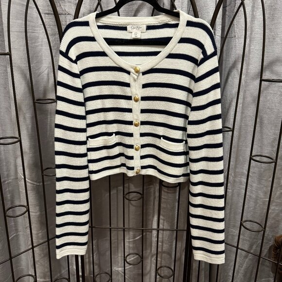 NWT Jessica Simpson Navy Blue Striped Cardigan w/Gold Buttons XL - Picture 2 of 4